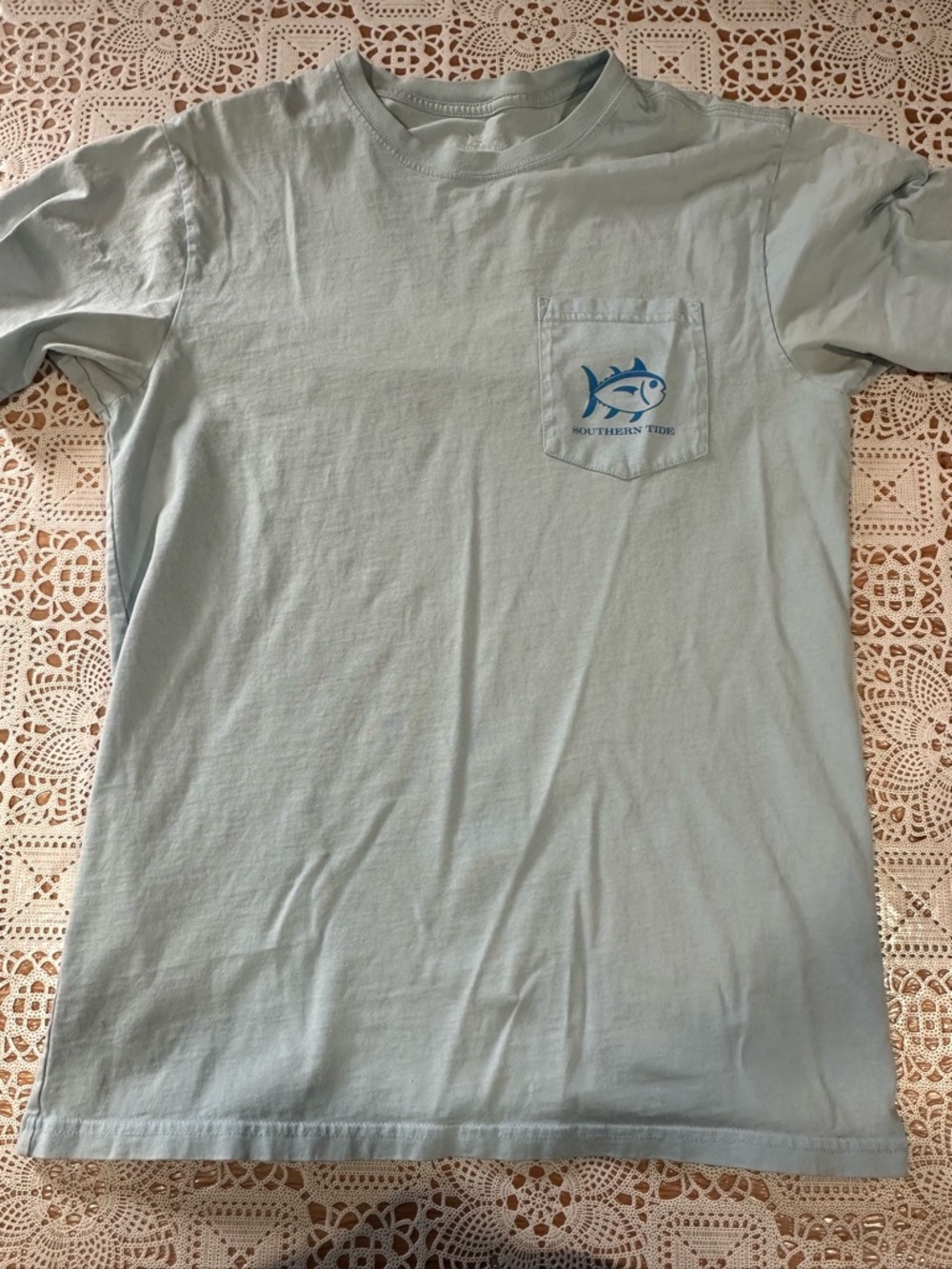 Southern Tide Light Aqua Pocket Tee with Blue Fish Logo